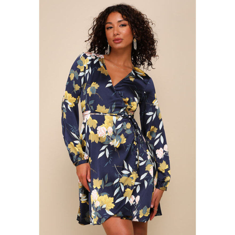 NWT Lulus Love Is Life Navy Blue Floral Print Satin Wrap Dress - Size M